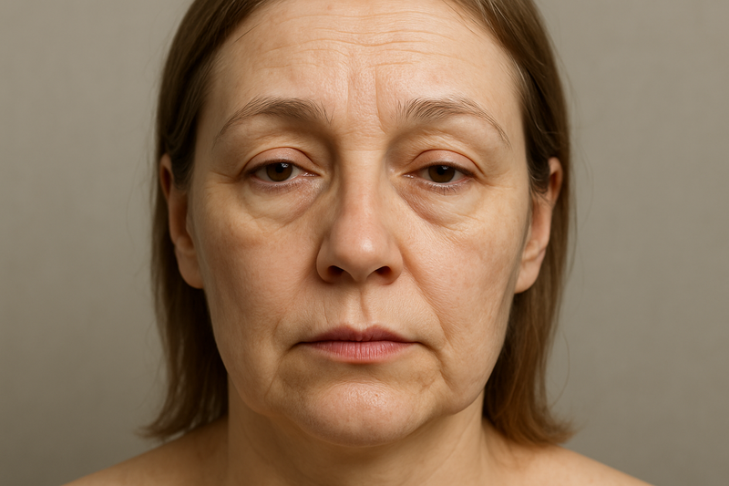 A woman with dull skin, slight puffiness, and visible wrinkles on her face. The lighting is soft, with a neutral background to emphasize skin imperfections. The overall atmosphere looks a bit tired, representing the state before learning facial massage