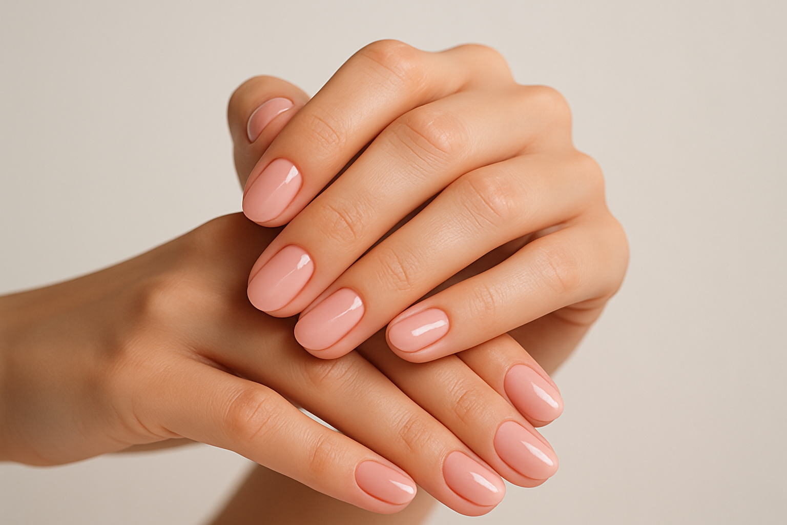 The exact same photo of the woman’s hands, with the same neutral background, identical hand positioning, and soft lighting. Nails are neat and well-groomed, with a professional manicure and polish, skin around the nails smooth and healthy. Minimalistic style, calm background, even lighting
