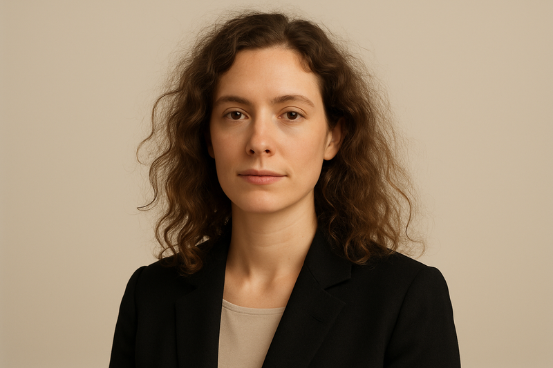 A photo of a woman on a neutral background, with the same pose and soft lighting. Her hair looks wavy, frizzy, slightly dry and unkempt, with natural curls visible. Calm background, minimalistic style, even lighting