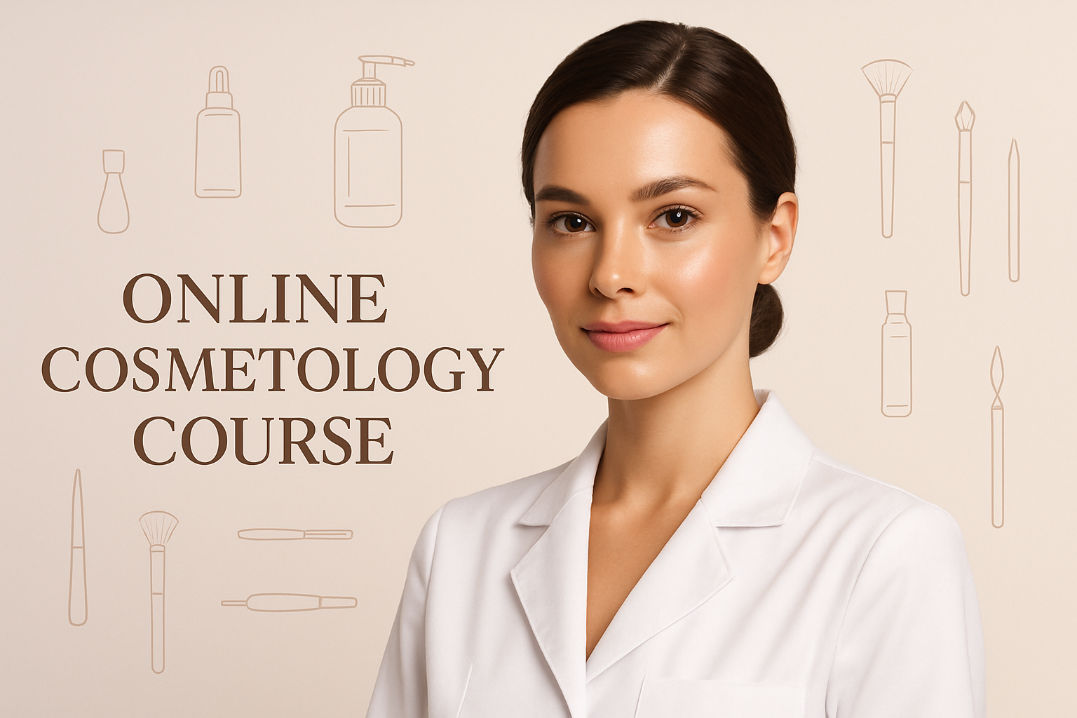 Cover image for an online cosmetology course, square format 1:1. Modern minimalist design. In the foreground — a stylish young woman with radiant, healthy skin, wearing a white cosmetologist coat, with neat hair. Surrounding her are subtle graphic elements symbolizing cosmetology tools and skincare. Colors — soft, pastel (white, beige, light pink), clean neutral background. Atmosphere of professionalism and trust. High quality, realistic, soft lighting