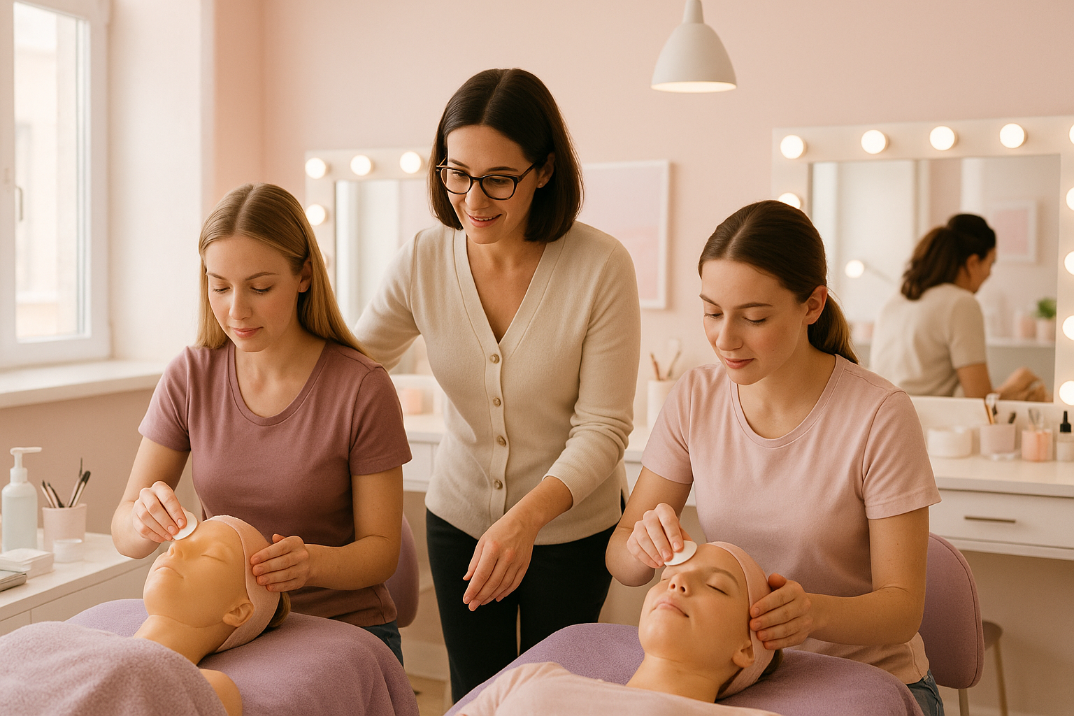 Cozy and professional image representing 'Small groups or individual classes' in cosmetology. A teacher works closely with one or two students in a modern, bright beauty classroom. The group is small, allowing personal attention and hands-on practice. Soft pastel colors, clean minimalistic interior, atmosphere of comfort, care, and effective learning. High resolution, horizontal composition, suitable for website banner