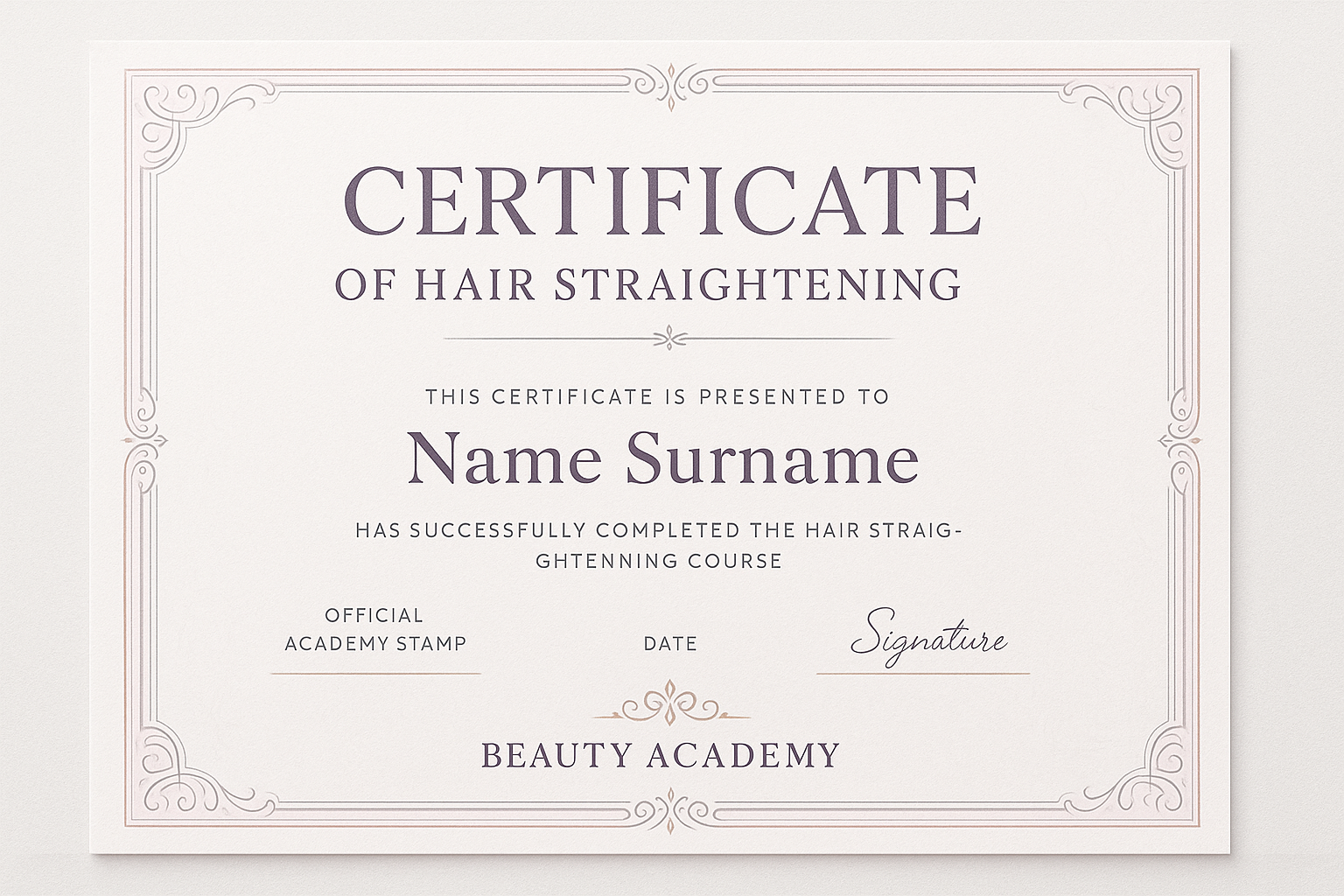 Elegant and professional cosmetology certificate design titled 'Certificate of Hair Straightening'. Minimalistic yet luxurious style, soft pastel colors with silver and gold accents, refined typography, decorative frame, space for student name, official stamp, and signature. Clean, modern, and prestigious layout, white background with subtle patterns, beauty academy branding.