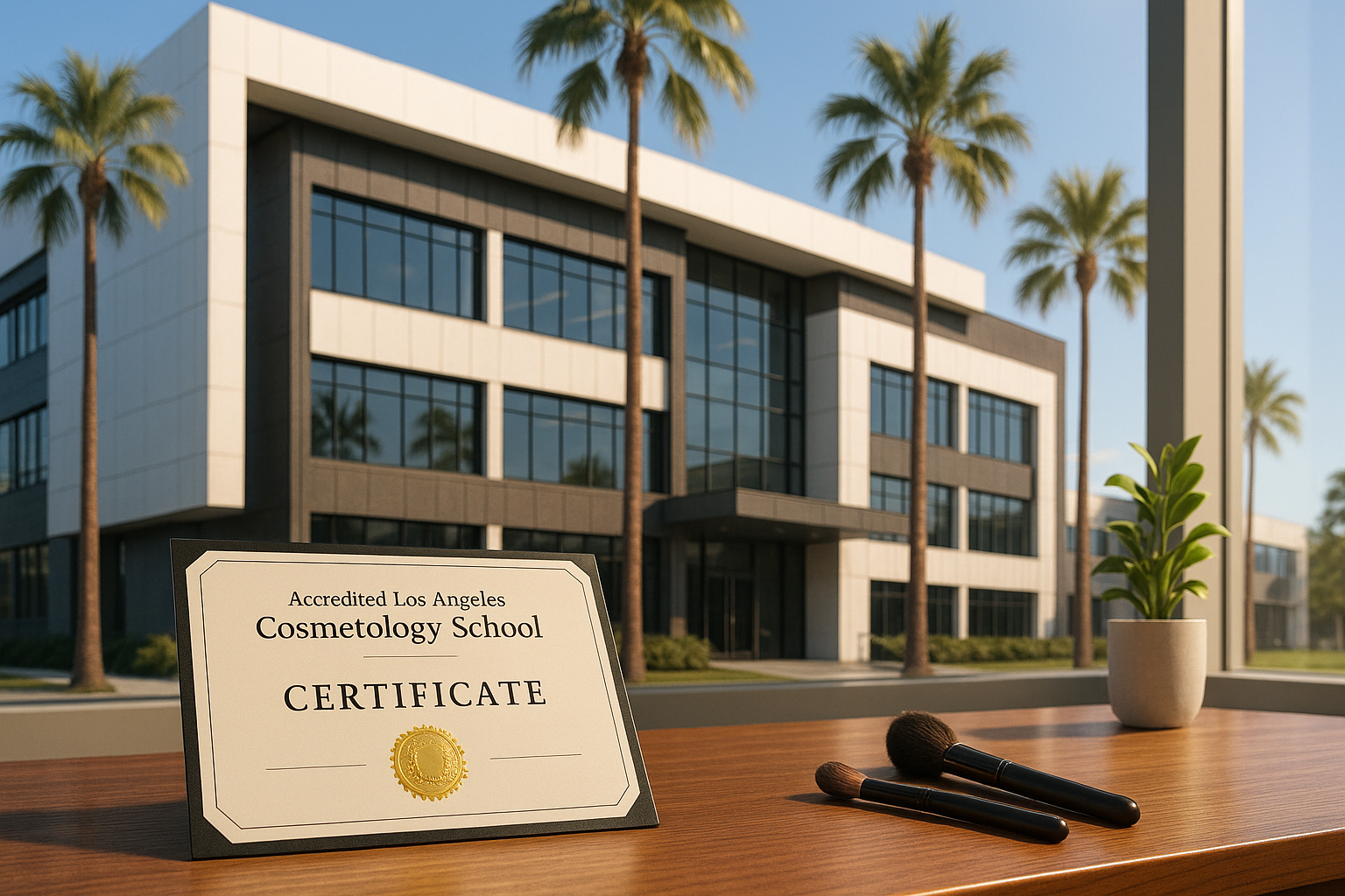 Elegant and professional hero image symbolizing an accredited Los Angeles cosmetology school. A modern academic building with palm trees in the background, clear blue sky, and subtle elements of beauty and education. Add details like a certificate or diploma with a golden seal placed on a clean desk. Atmosphere of prestige, trust, and international recognition. High resolution, horizontal composition, suitable for website banner
