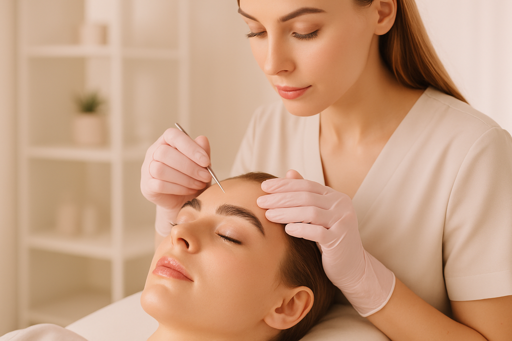 Elegant, modern cover image for a cosmetology course on 'Lamination'. A professional cosmetologist performing eyelash or eyebrow lamination in a bright, minimalistic beauty salon. Close-up of client’s face with natural, glossy, well-defined lashes/brows. Soft lighting, pastel colors, clean and aesthetic composition, luxury beauty style, perfect for an online course cover. There should be no labels on the photo.