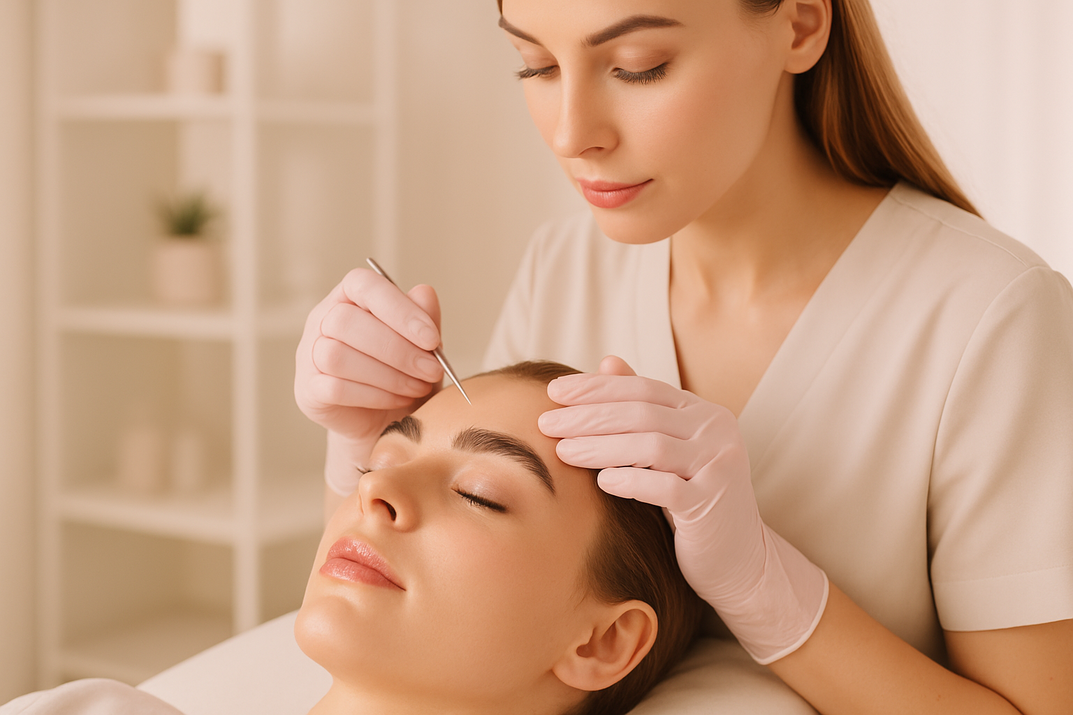 Elegant, modern cover image for a cosmetology course on 'Lamination'. A professional cosmetologist performing eyelash or eyebrow lamination in a bright, minimalistic beauty salon. Close-up of client’s face with natural, glossy, well-defined lashes/brows. Soft lighting, pastel colors, clean and aesthetic composition, luxury beauty style, perfect for an online course cover. There should be no labels on the photo.
