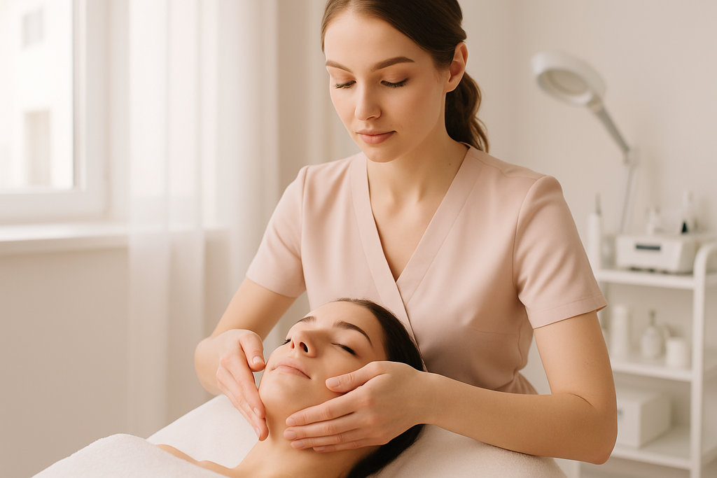 Elegant, professional cover image for a cosmetology course on 'Facial Massage'. A cosmetologist gently performing facial massage on a relaxed client in a modern, minimalistic beauty salon. Close-up of hands massaging the face, soft natural light, pastel tones, luxury spa atmosphere, clean and aesthetic composition, perfect for an online course cover. There should be no labels on the photo.