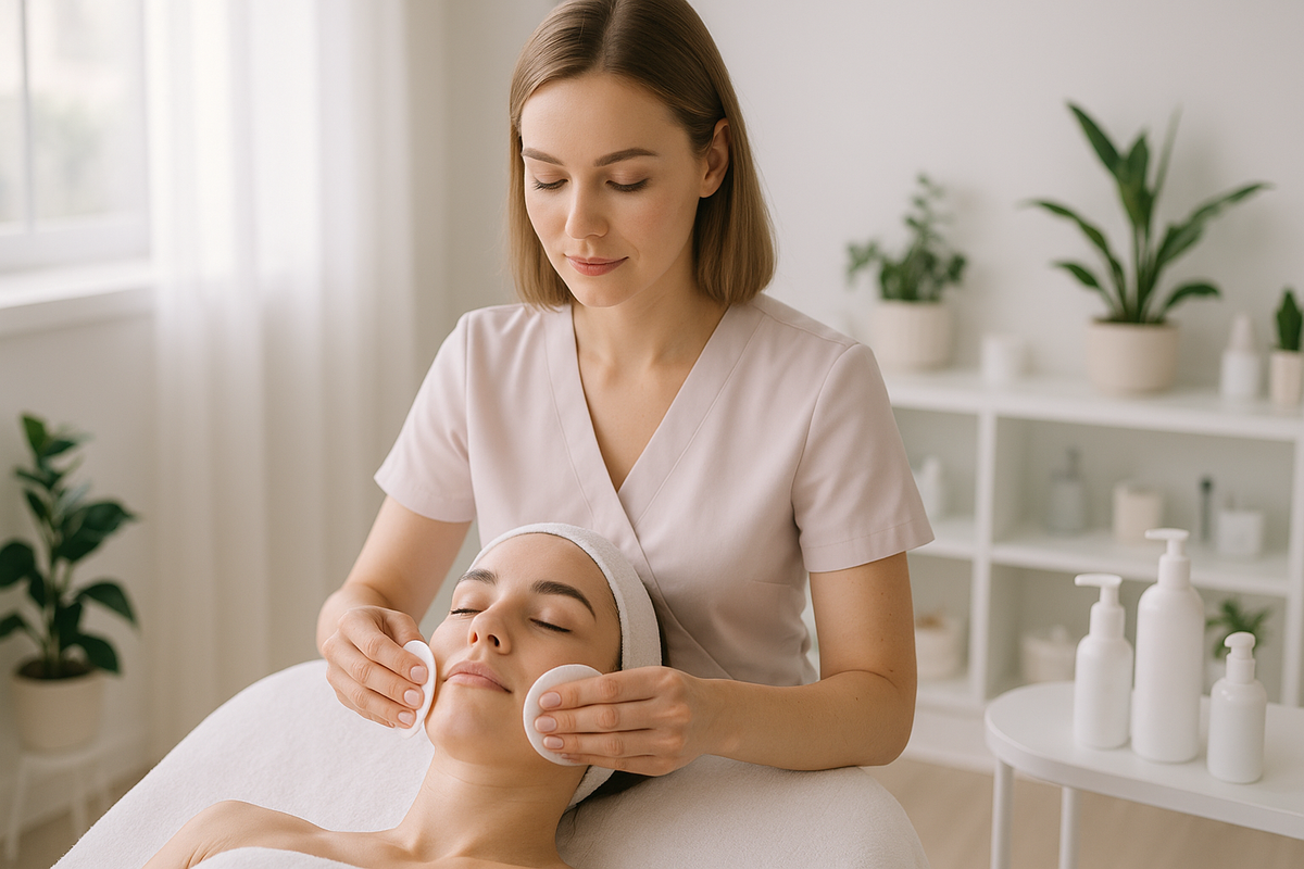Modern and elegant cover image for a cosmetology course on 'Facial Cleansing'. A professional cosmetologist gently performing facial cleansing on a client in a bright, minimalistic beauty studio. Soft lighting, pastel colors, clean and fresh atmosphere symbolizing purity and skincare. High-resolution, aesthetic composition, perfect for online course cover. There should be no labels on the photo.