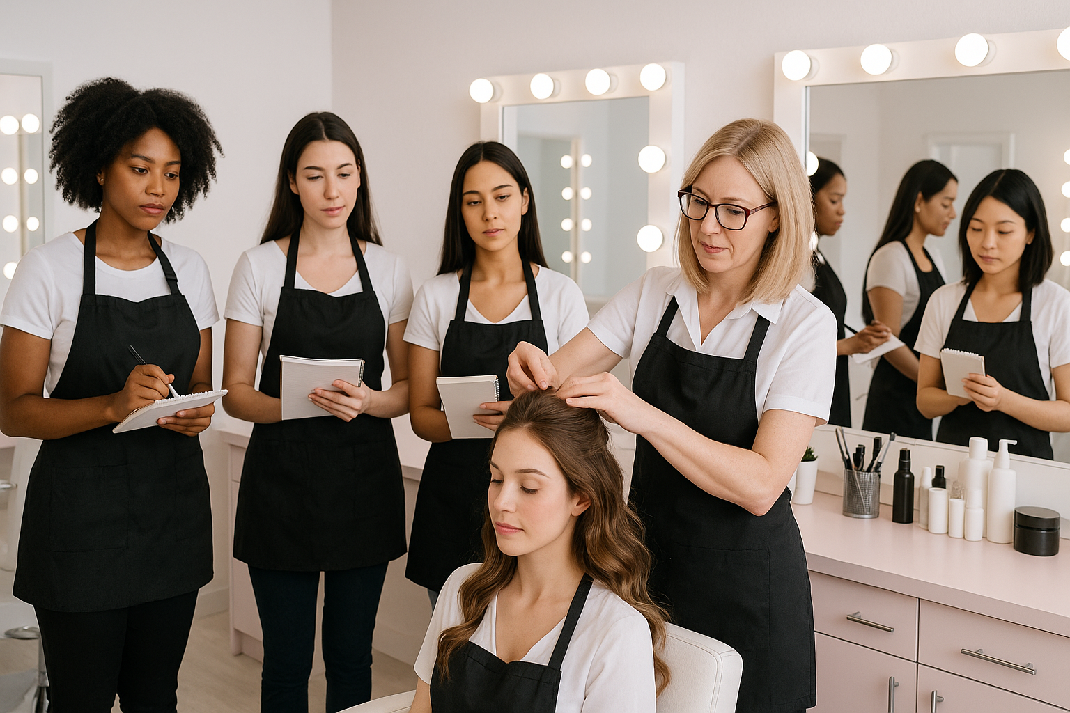 Modern and professional image representing 'Practical teachers' in cosmetology. A group of experienced cosmetologists teaching students in a bright beauty classroom. Teacher demonstrates hands-on techniques on a model, while students observe and take notes. Clean, elegant interior, soft pastel colors, atmosphere of professionalism, mentorship, and real practice. High resolution, horizontal composition, suitable for website banner