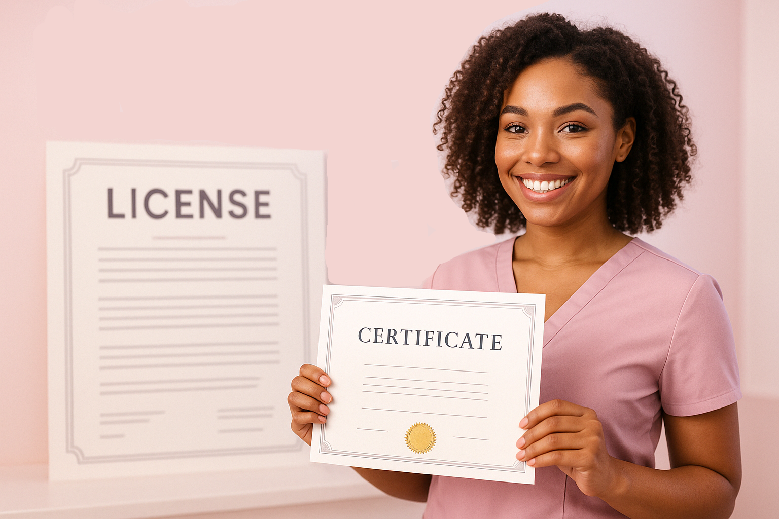 Professional and inspiring image representing 'Certificate now, license in the future.' A cosmetology student proudly holding a sleek certificate with a golden seal, while in the background a symbolic official license document is shown with a modern design. Bright, clean atmosphere, soft pastel colors, sense of achievement and professional growth. High resolution, horizontal composition, website banner style