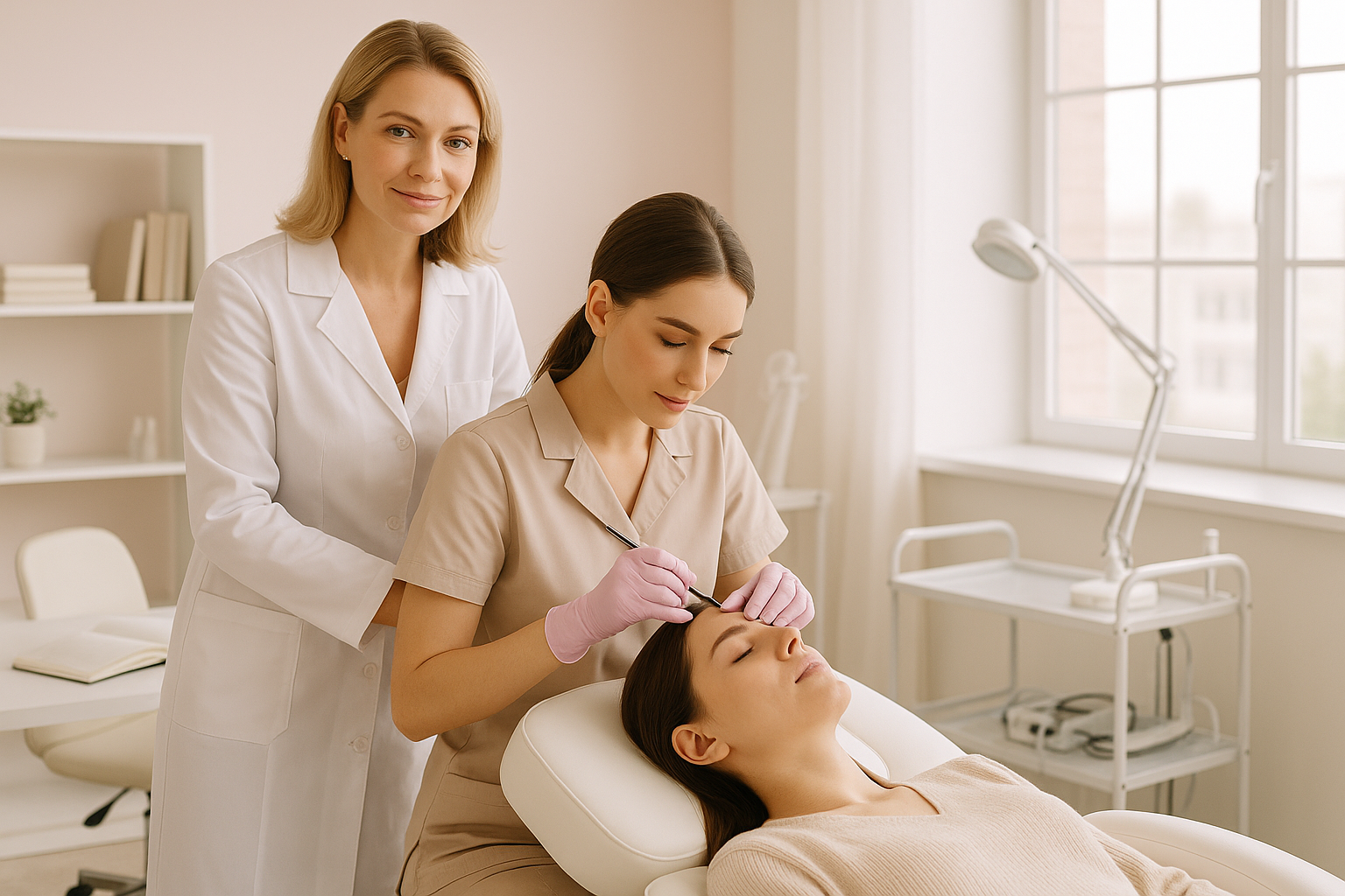 Professional and inspiring image representing 'Emphasis on practice, not just theory' in cosmetology. A teacher guiding a student during hands-on training with a real model in a bright modern beauty classroom. Students practice procedures directly, while notebooks and theory materials remain in the background. Clean minimalistic interior, soft pastel colors, atmosphere of confidence, professionalism, and real experience. High resolution, horizontal composition, suitable for website banner