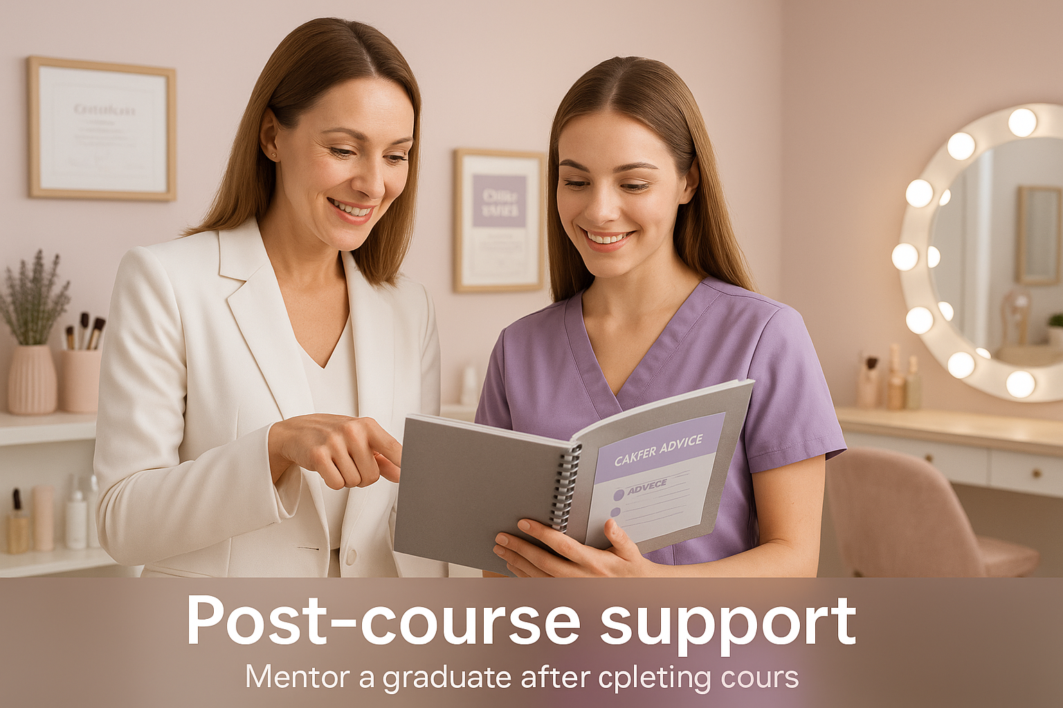 Professional and inspiring image representing 'Post-course support' in cosmetology education. A smiling mentor guiding a graduate after completing the course, helping with portfolio, client search, and career advice. Bright modern beauty studio, warm supportive atmosphere, soft pastel tones, symbolizing ongoing guidance and care. High resolution, horizontal composition, suitable for website banner.